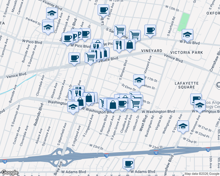 map of restaurants, bars, coffee shops, grocery stores, and more near 1793 South Rimpau Boulevard in Los Angeles