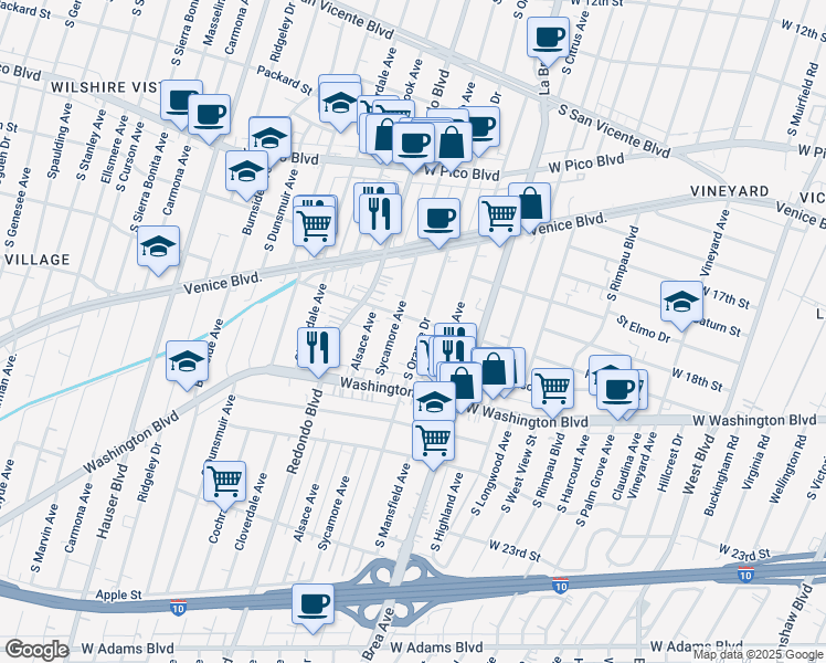 map of restaurants, bars, coffee shops, grocery stores, and more near 1824 South Sycamore Avenue in Los Angeles