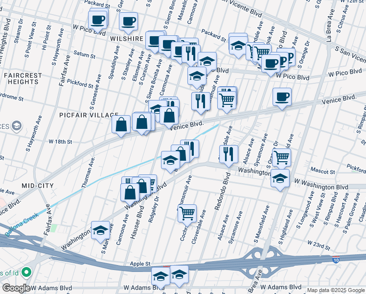 map of restaurants, bars, coffee shops, grocery stores, and more near 1807 South Burnside Avenue in Los Angeles