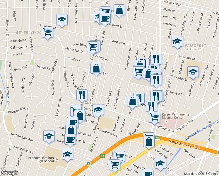 map of restaurants, bars, coffee shops, grocery stores, and more near 1946 South Bedford Street in Los Angeles