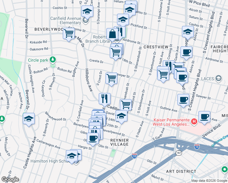 map of restaurants, bars, coffee shops, grocery stores, and more near 1957 Preuss Road in Los Angeles