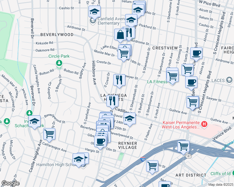 map of restaurants, bars, coffee shops, grocery stores, and more near 1952 South Robertson Boulevard in Los Angeles