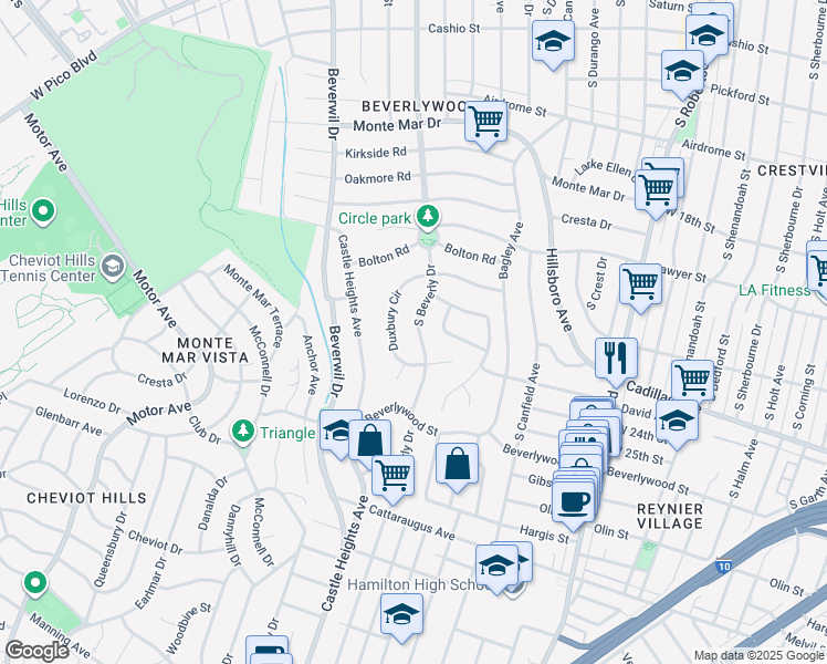 map of restaurants, bars, coffee shops, grocery stores, and more near 2238 South Beverly Drive in Los Angeles