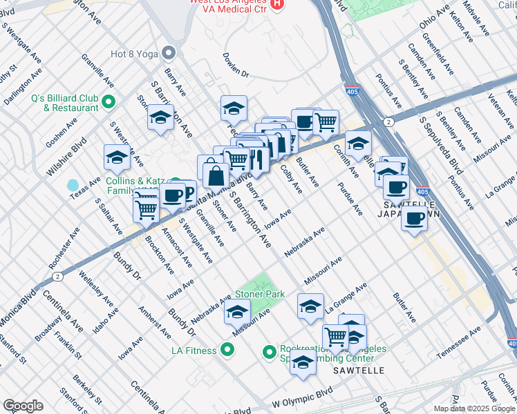 map of restaurants, bars, coffee shops, grocery stores, and more near 1626 Barry Avenue in Los Angeles