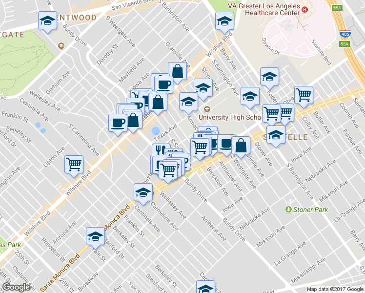 map of restaurants, bars, coffee shops, grocery stores, and more near 12000 Rochester Avenue in Los Angeles