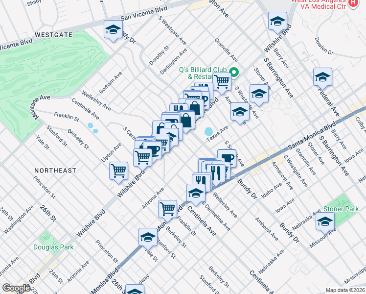 map of restaurants, bars, coffee shops, grocery stores, and more near 12222 Wilshire Boulevard in Los Angeles
