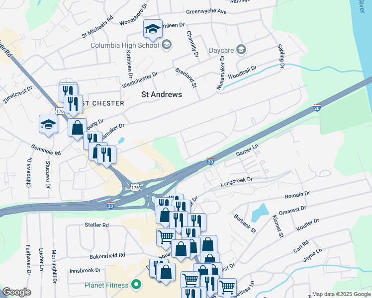 map of restaurants, bars, coffee shops, grocery stores, and more near 2205 Battleford Road in Columbia