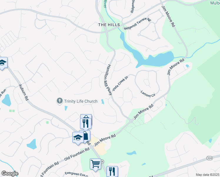 map of restaurants, bars, coffee shops, grocery stores, and more near 3435 Vista Creek Drive in Dacula