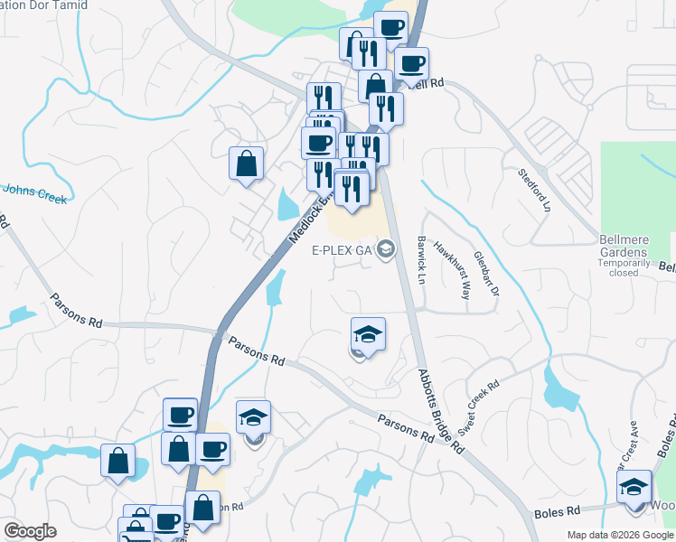 map of restaurants, bars, coffee shops, grocery stores, and more near 318 Gold Cove Lane in Johns Creek