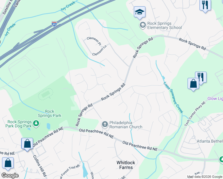 map of restaurants, bars, coffee shops, grocery stores, and more near 692 Rock Springs Road in Lawrenceville