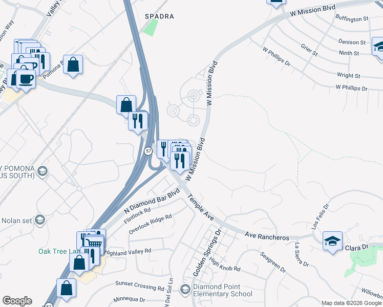 map of restaurants, bars, coffee shops, grocery stores, and more near 3673 Legato Court in Pomona