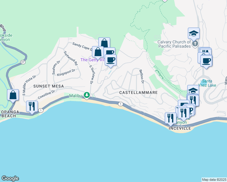 map of restaurants, bars, coffee shops, grocery stores, and more near 17876 Vicino Way in Los Angeles