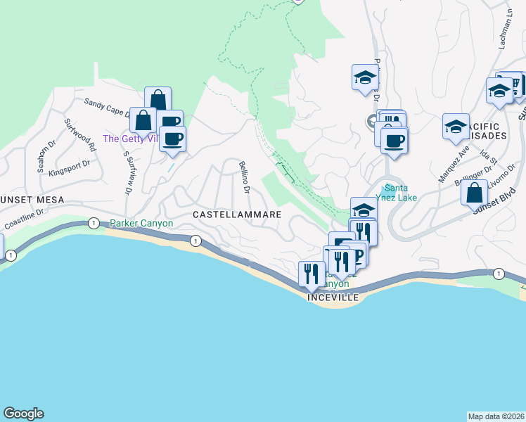 map of restaurants, bars, coffee shops, grocery stores, and more near 227 Quadro Vecchio Drive in Los Angeles
