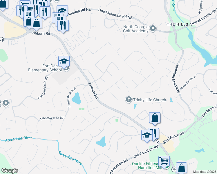 map of restaurants, bars, coffee shops, grocery stores, and more near 2981 McCannon Mill Drive in Dacula