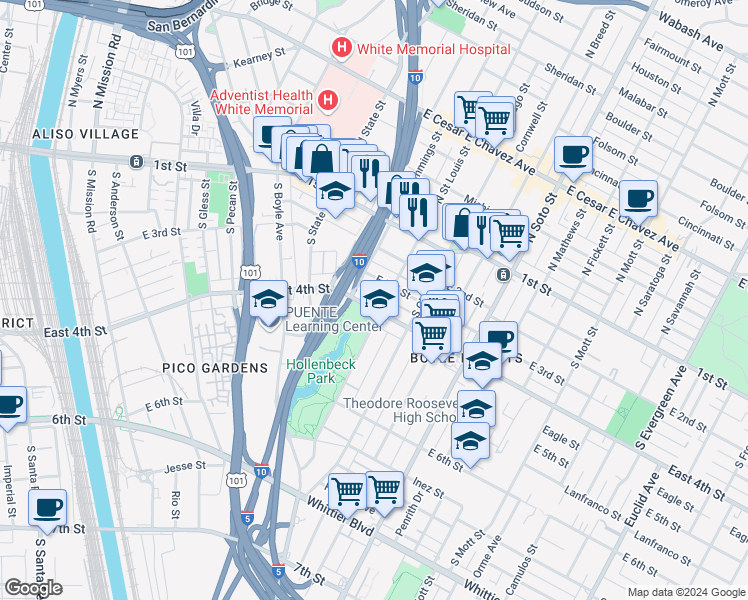 map of restaurants, bars, coffee shops, grocery stores, and more near 2025 East 4th Street in Los Angeles