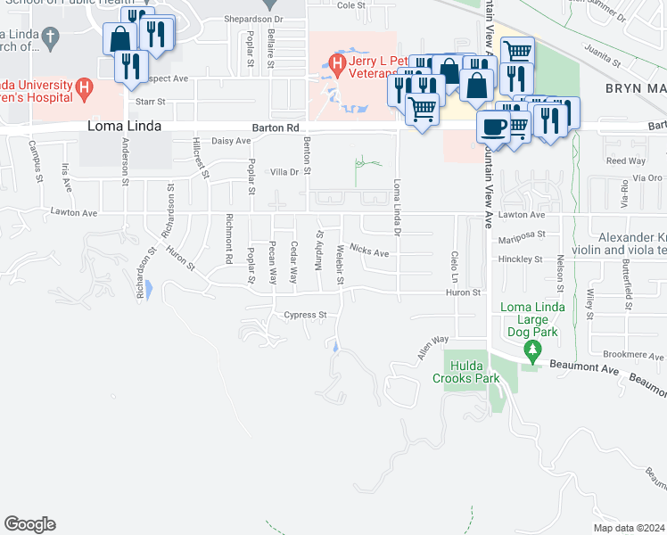 map of restaurants, bars, coffee shops, grocery stores, and more near 11618 Welebir Street in Loma Linda