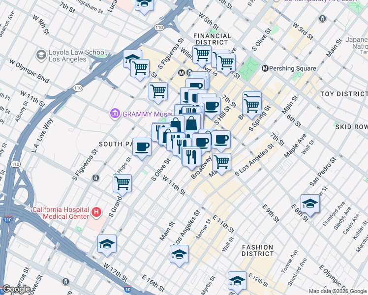 map of restaurants, bars, coffee shops, grocery stores, and more near 939 South Hill Street in Los Angeles