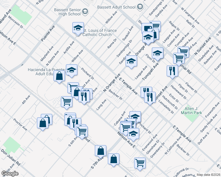 map of restaurants, bars, coffee shops, grocery stores, and more near 14309 Beckner Street in La Puente
