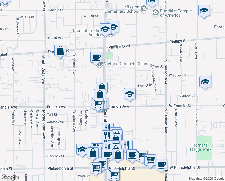 map of restaurants, bars, coffee shops, grocery stores, and more near 5351 Mariner Lane in Chino
