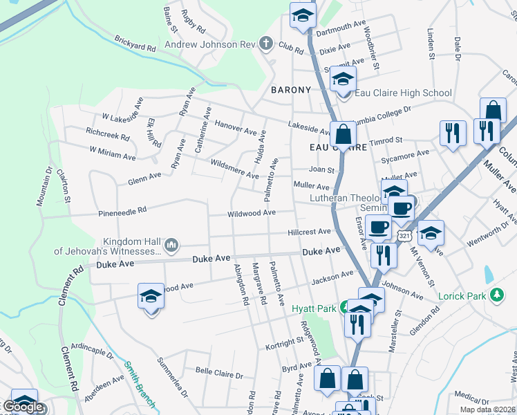 map of restaurants, bars, coffee shops, grocery stores, and more near 433 Wildwood Avenue in Columbia