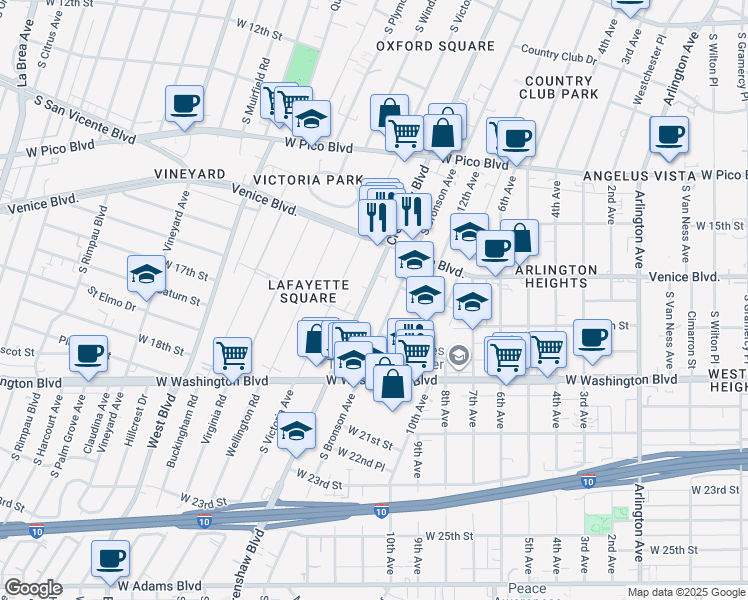 map of restaurants, bars, coffee shops, grocery stores, and more near 1726 Crenshaw Boulevard in Los Angeles