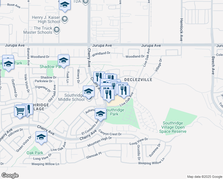 map of restaurants, bars, coffee shops, grocery stores, and more near 11623 Cherry Avenue in Fontana