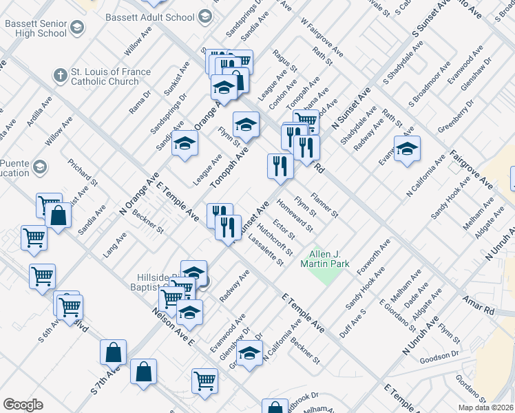 map of restaurants, bars, coffee shops, grocery stores, and more near 14558 Ector Street in La Puente