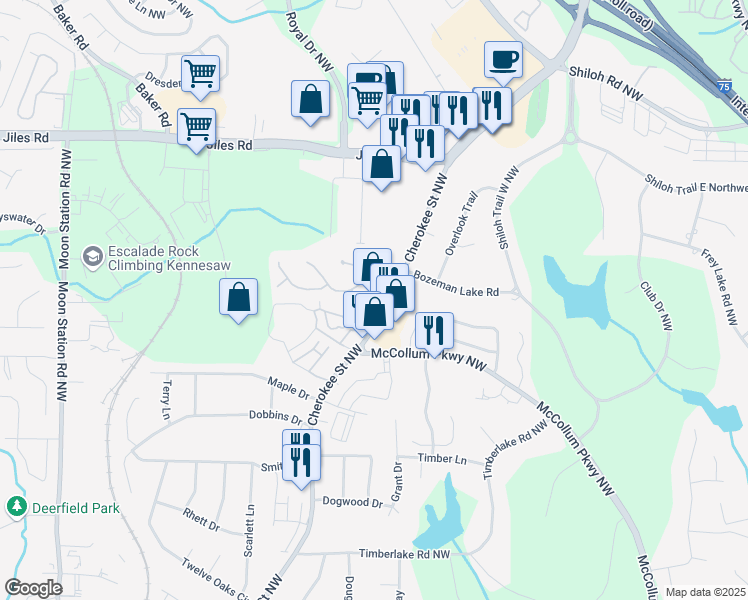 map of restaurants, bars, coffee shops, grocery stores, and more near 3655 Cherokee Street Northwest in Kennesaw