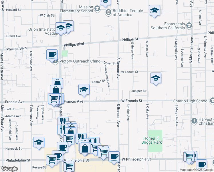 map of restaurants, bars, coffee shops, grocery stores, and more near 11588 Santa Anita Avenue in Chino