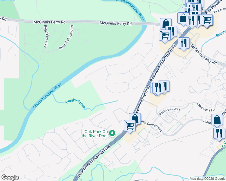 map of restaurants, bars, coffee shops, grocery stores, and more near 1505 Chattahoochee Run Drive in Suwanee