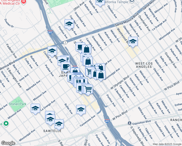 map of restaurants, bars, coffee shops, grocery stores, and more near 1954 Cotner Avenue in Los Angeles