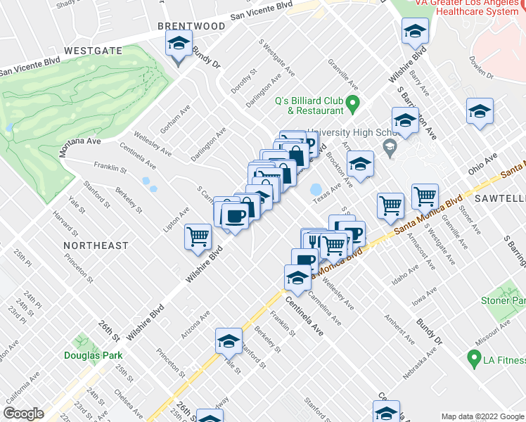 map of restaurants, bars, coffee shops, grocery stores, and more near 1214 Wellesley Avenue in Los Angeles