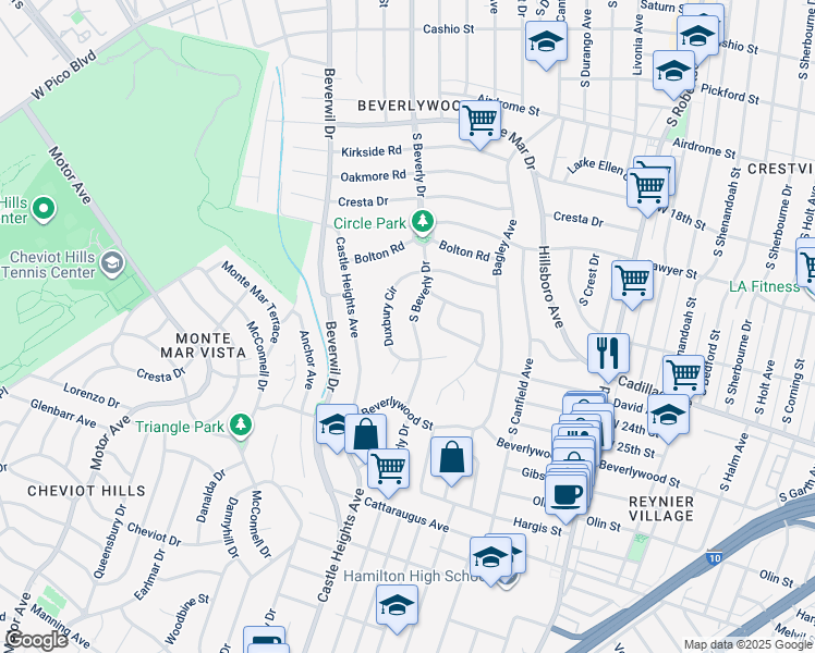 map of restaurants, bars, coffee shops, grocery stores, and more near 2238 South Beverly Drive in Los Angeles