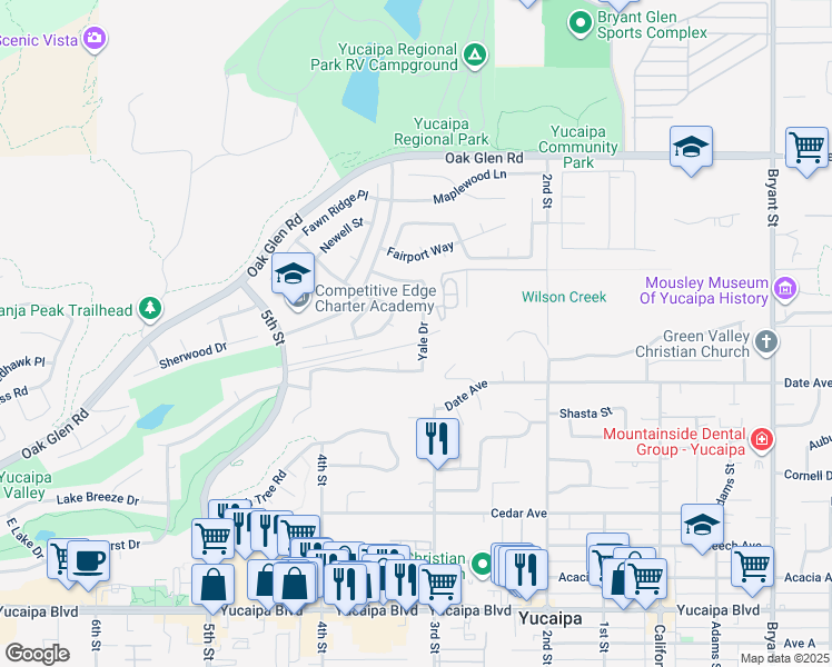 map of restaurants, bars, coffee shops, grocery stores, and more near 34614 Yale Drive in Yucaipa