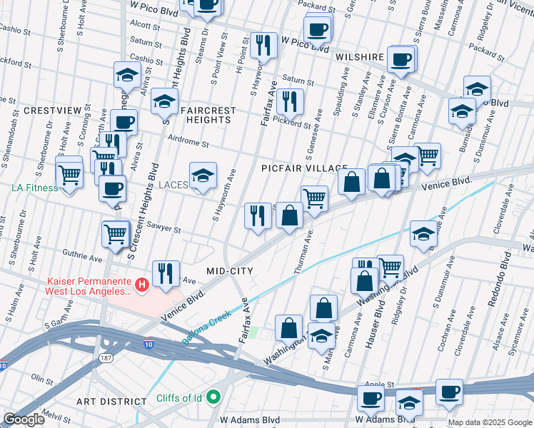 map of restaurants, bars, coffee shops, grocery stores, and more near 1811 South Ogden Drive in Los Angeles