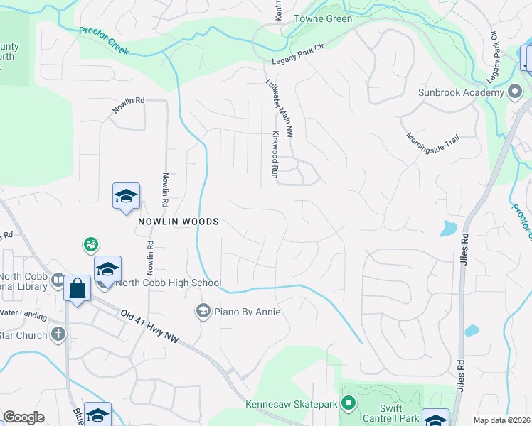 map of restaurants, bars, coffee shops, grocery stores, and more near 3395 Spindletop Drive Northwest in Kennesaw