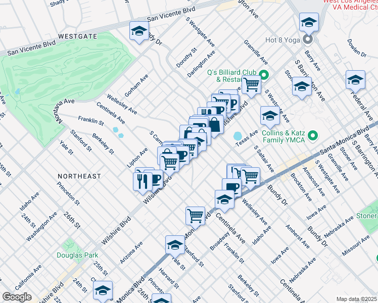 map of restaurants, bars, coffee shops, grocery stores, and more near 12301 Wilshire Boulevard in Los Angeles