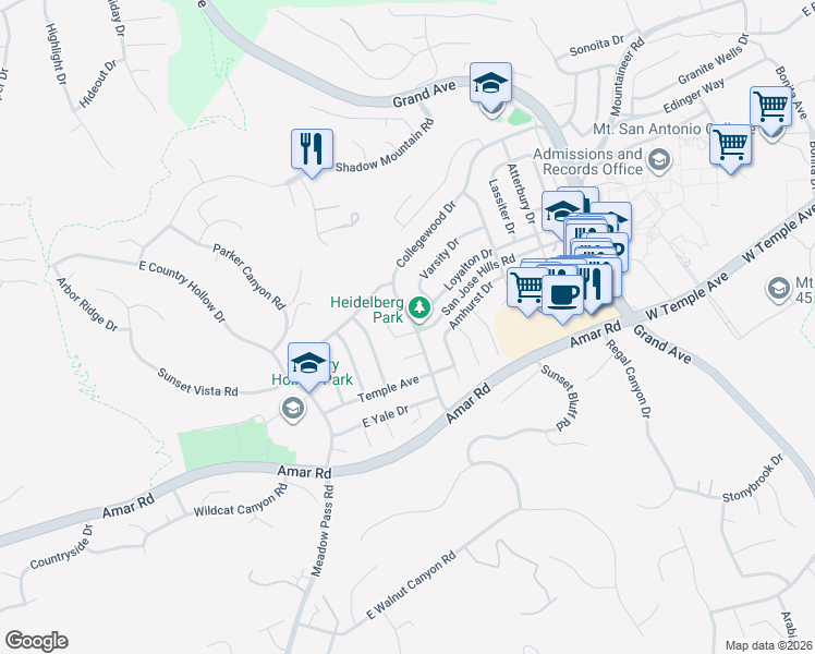 map of restaurants, bars, coffee shops, grocery stores, and more near 20359 Lake Erie Drive in Walnut