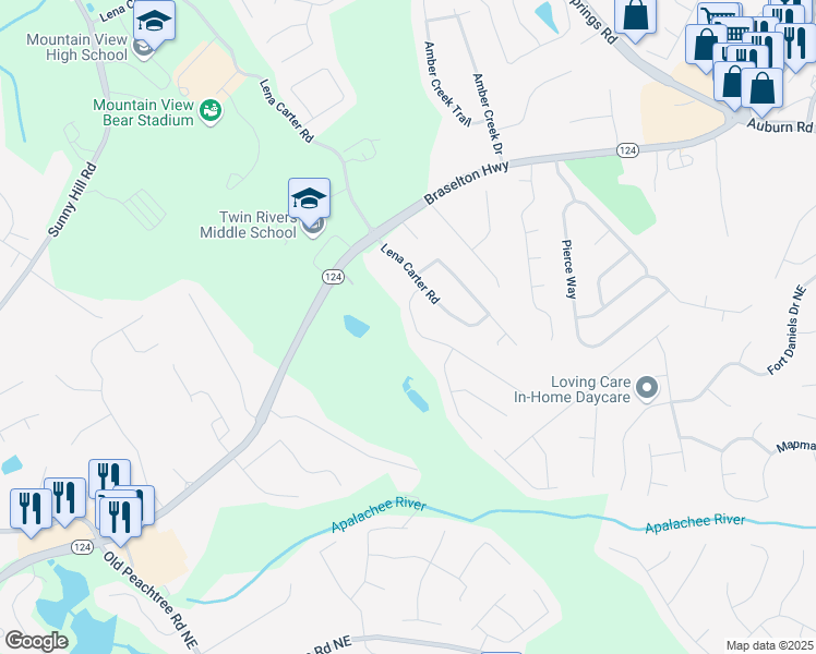 map of restaurants, bars, coffee shops, grocery stores, and more near 2019 Shin Court Northeast in Buford