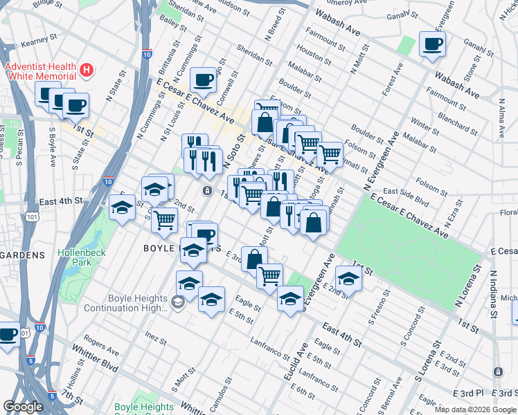 map of restaurants, bars, coffee shops, grocery stores, and more near 2603 East 1st Street in Los Angeles