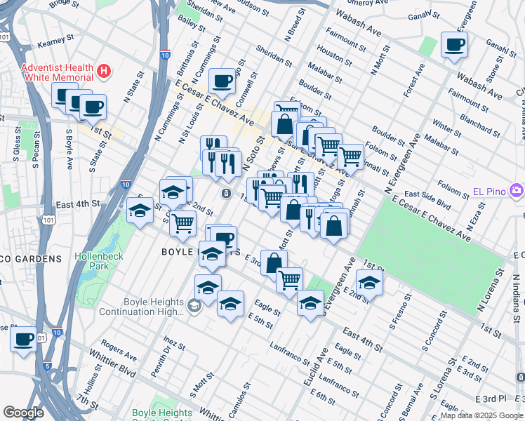 map of restaurants, bars, coffee shops, grocery stores, and more near 51 South Fickett Street in Los Angeles