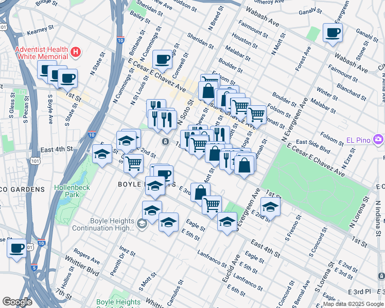 map of restaurants, bars, coffee shops, grocery stores, and more near 2522 1st Street in Los Angeles
