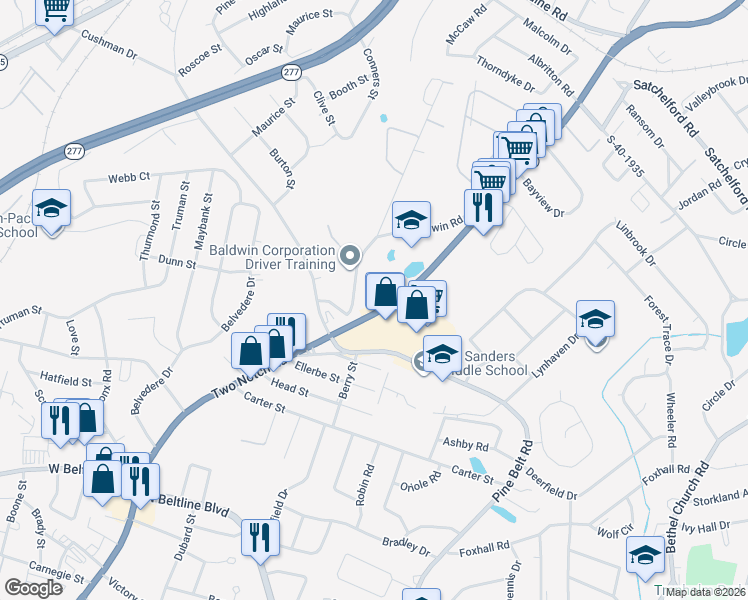 map of restaurants, bars, coffee shops, grocery stores, and more near 3801 Baldwin Road in Columbia