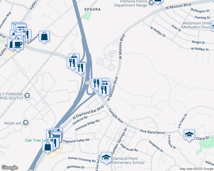 map of restaurants, bars, coffee shops, grocery stores, and more near 3707 Legato Court in Pomona