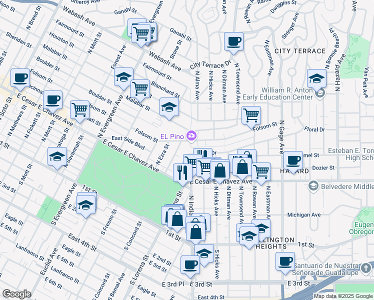 map of restaurants, bars, coffee shops, grocery stores, and more near 501 North Indiana Street in Los Angeles