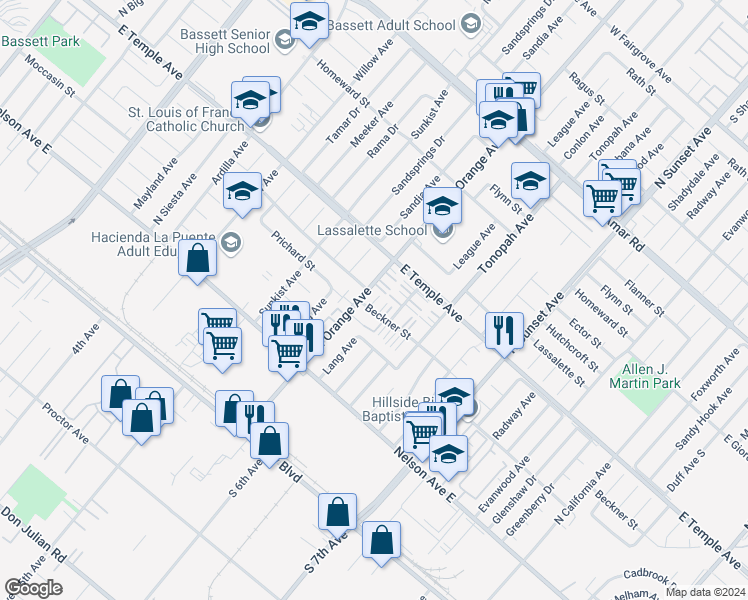 map of restaurants, bars, coffee shops, grocery stores, and more near 14309 Beckner Street in La Puente