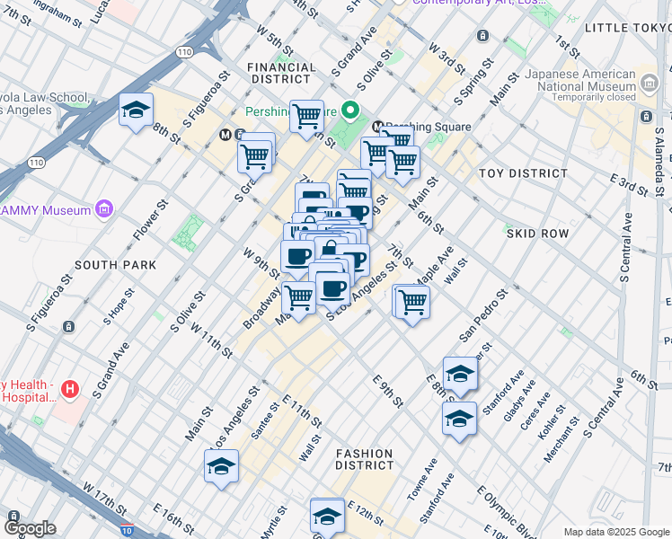 map of restaurants, bars, coffee shops, grocery stores, and more near 820 South Spring Street in Los Angeles