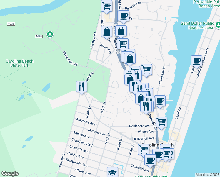 map of restaurants, bars, coffee shops, grocery stores, and more near 104 Olde Mariners Way in Carolina Beach