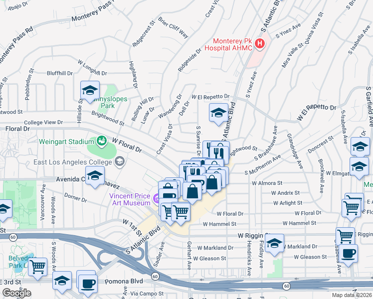 map of restaurants, bars, coffee shops, grocery stores, and more near 1021 Brightwood Street in Monterey Park