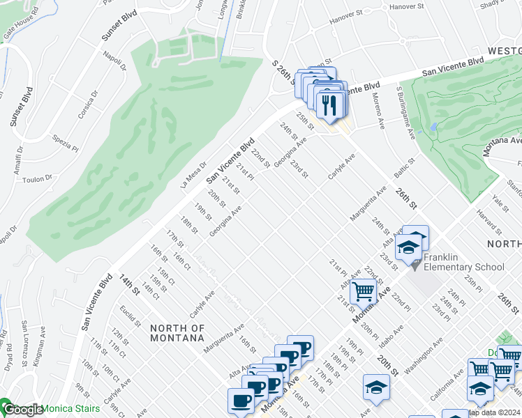map of restaurants, bars, coffee shops, grocery stores, and more near 327 21st Street in Santa Monica